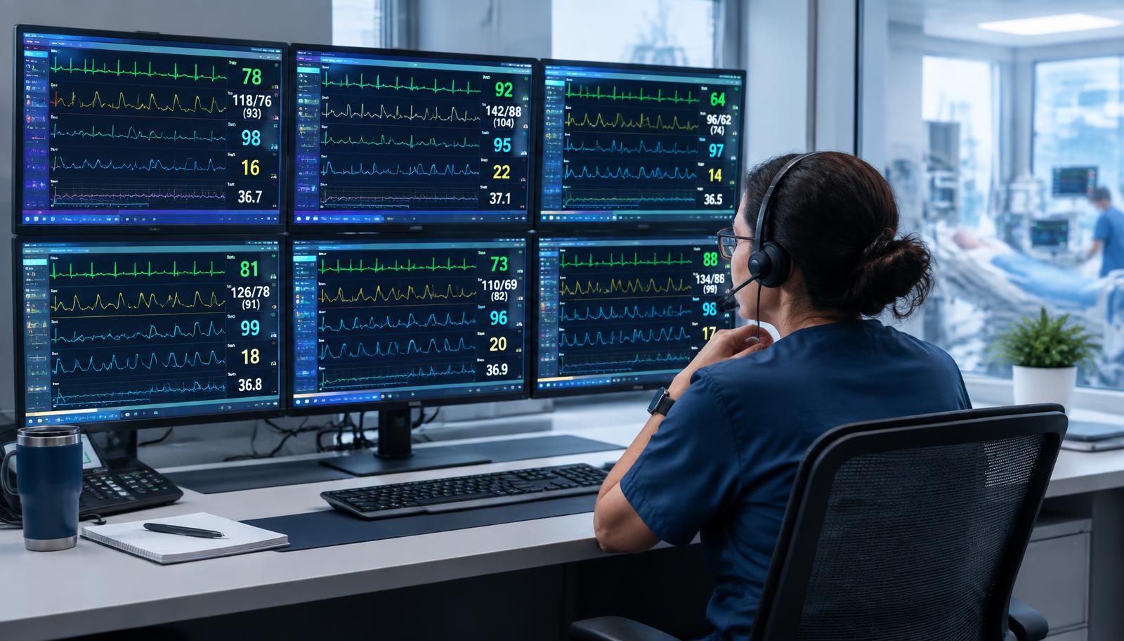 Tele-intensivist reviewing six patient monitors